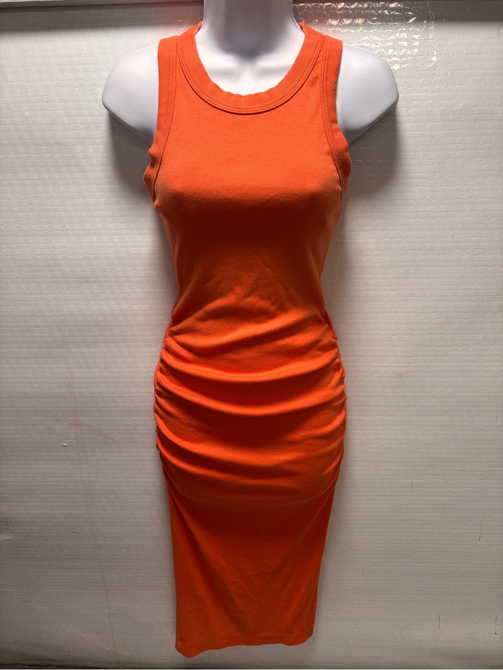 Michael Stars Sleeveless Ruched Midi Dress in Bright Orange